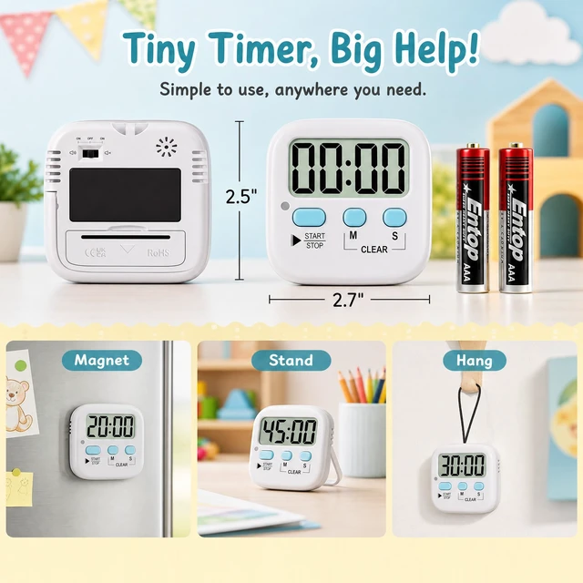 Alt view image 3 of 4 - 2 Pack Digital Timer for Kids Classroom Kitchen Timers for Cooking | With 2*AAA Battery, Count Up / Down, Loud Alarm & Silent FlashLight Mode, Magnetic Back, Kickstand, School Teacher Supplies
