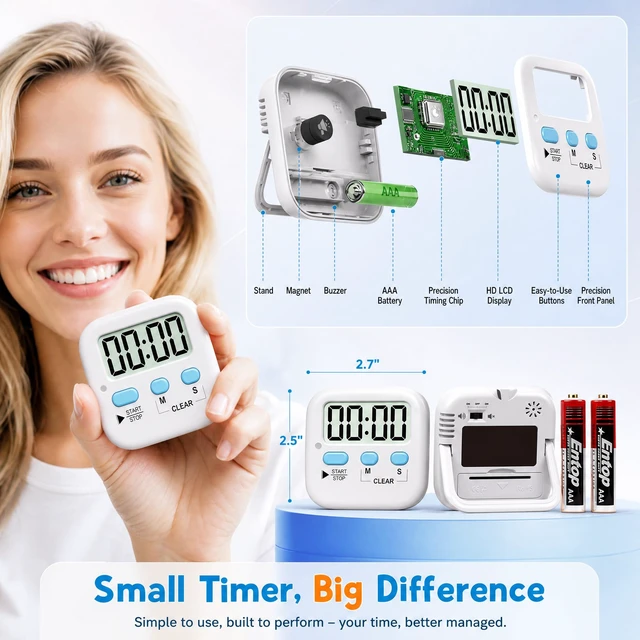 Alt view image 4 of 4 - 2 Pack Digital Timer for Kids Classroom Kitchen Timers for Cooking | With 2*AAA Battery, Count Up / Down, Loud Alarm & Silent FlashLight Mode, Magnetic Back, Kickstand, School Teacher Supplies