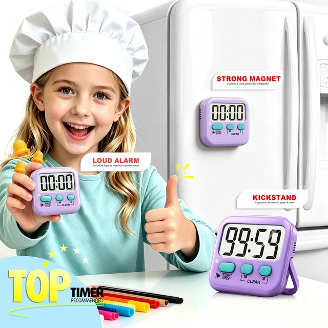 Alt view image 3 of 7 - 2 Pack Digital Timer for Kids Classroom Kitchen Timers for Cooking | With 2*AAA Battery, Count Up / Down, Loud Alarm & Silent FlashLight Mode, Magnetic Back, Kickstand, School Teacher Supplies