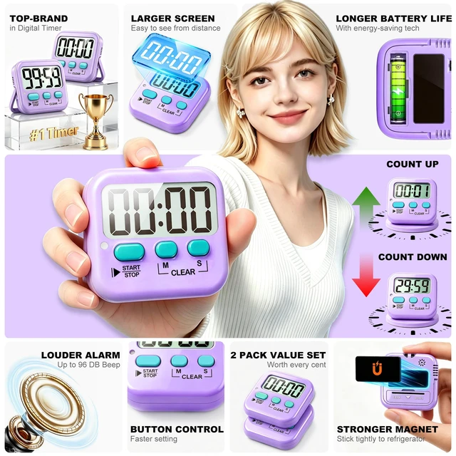 Alt view image 4 of 7 - 2 Pack Digital Timer for Kids Classroom Kitchen Timers for Cooking | With 2*AAA Battery, Count Up / Down, Loud Alarm & Silent FlashLight Mode, Magnetic Back, Kickstand, School Teacher Supplies