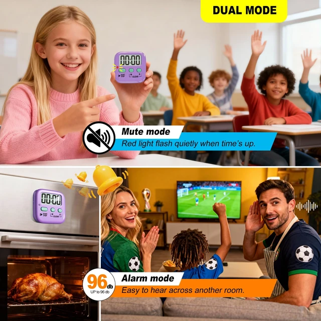 Alt view image 6 of 7 - 2 Pack Digital Timer for Kids Classroom Kitchen Timers for Cooking | With 2*AAA Battery, Count Up / Down, Loud Alarm & Silent FlashLight Mode, Magnetic Back, Kickstand, School Teacher Supplies