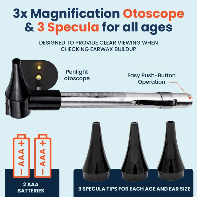 Alt view image 2 of 5 - Stainless Steel LED Otoscope for Ear Inspection, 3X Magnification | Bright illumination and threefold zoom support clear at-home viewing, changeable specula, durable metal body, AAA operated