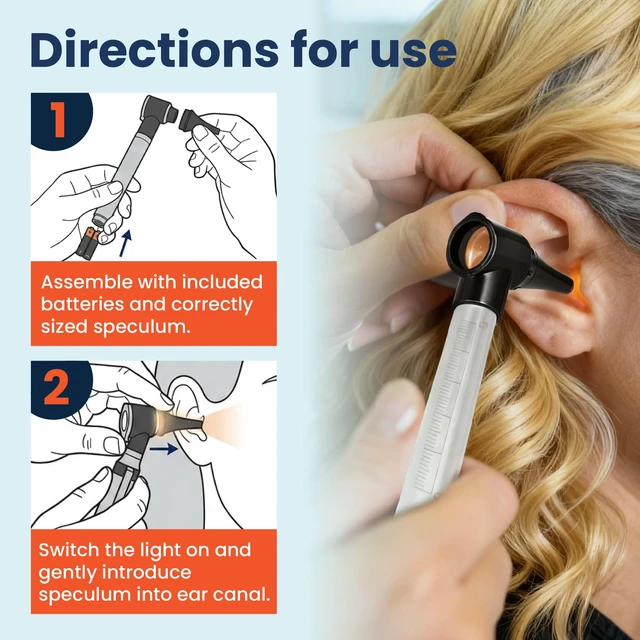Alt view image 4 of 5 - Stainless Steel LED Otoscope for Ear Inspection, 3X Magnification | Bright illumination and threefold zoom support clear at-home viewing, changeable specula, durable metal body, AAA operated