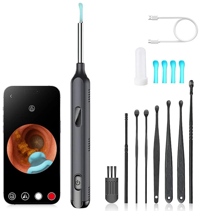 Main image of Children's and Adult Ear Wax Removal Earwax Removal kit, Earwax Spoon, Digging and Tweezers, LED Light and Magnifying Glass, IPX5 Waterproof, with 8 earplug Sets +4 Soft Silicone Ear Spoons (Black)