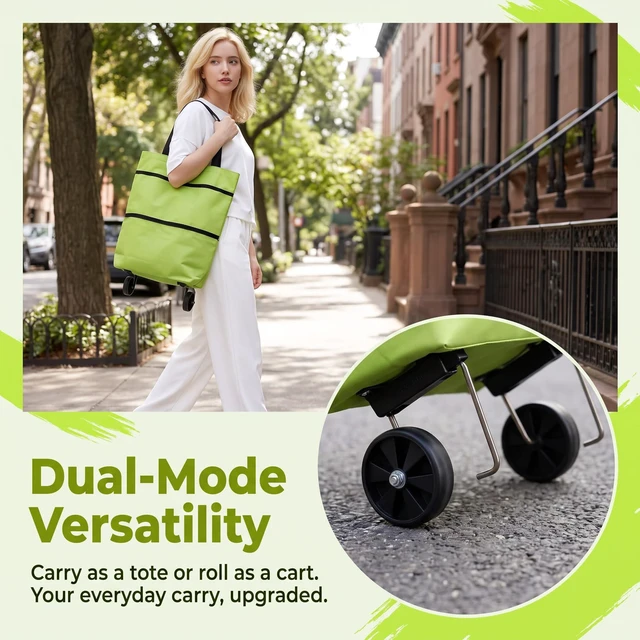 Alt view image 2 of 7 - 2 in 1 Shopping Cart with Wheels, Foldable Shoppings Bag Carts, Collapsible Rolling Tote Shoppings Bags for Supermarket and TravelGreen