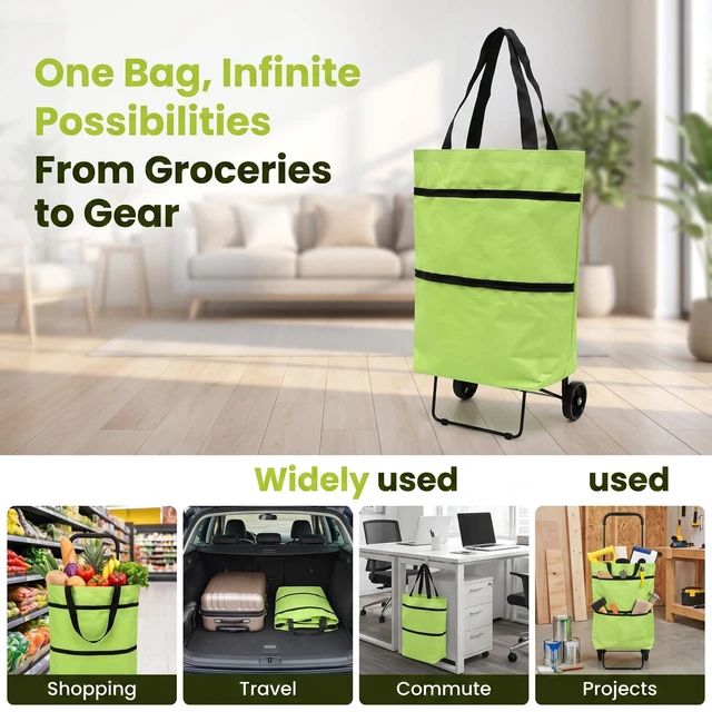 Alt view image 4 of 7 - 2 in 1 Shopping Cart with Wheels, Foldable Shoppings Bag Carts, Collapsible Rolling Tote Shoppings Bags for Supermarket and TravelGreen