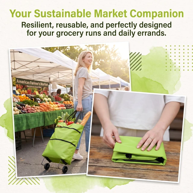 Alt view image 5 of 7 - 2 in 1 Shopping Cart with Wheels, Foldable Shoppings Bag Carts, Collapsible Rolling Tote Shoppings Bags for Supermarket and TravelGreen