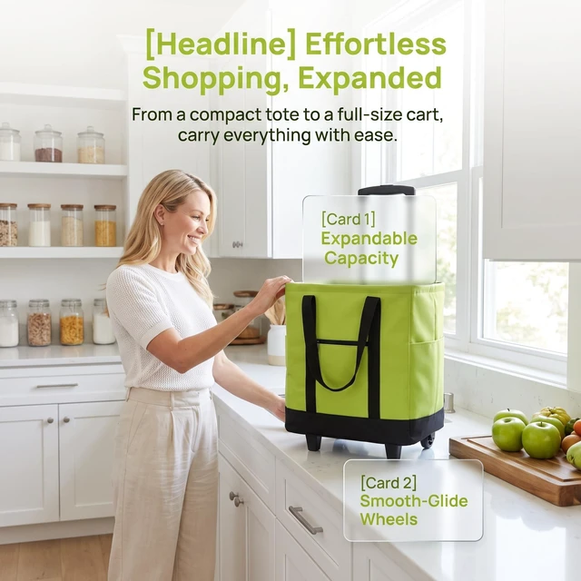 Alt view image 6 of 7 - 2 in 1 Shopping Cart with Wheels, Foldable Shoppings Bag Carts, Collapsible Rolling Tote Shoppings Bags for Supermarket and TravelGreen