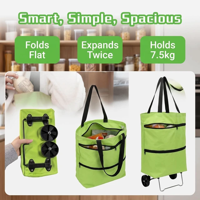 Alt view image 7 of 7 - 2 in 1 Shopping Cart with Wheels, Foldable Shoppings Bag Carts, Collapsible Rolling Tote Shoppings Bags for Supermarket and TravelGreen