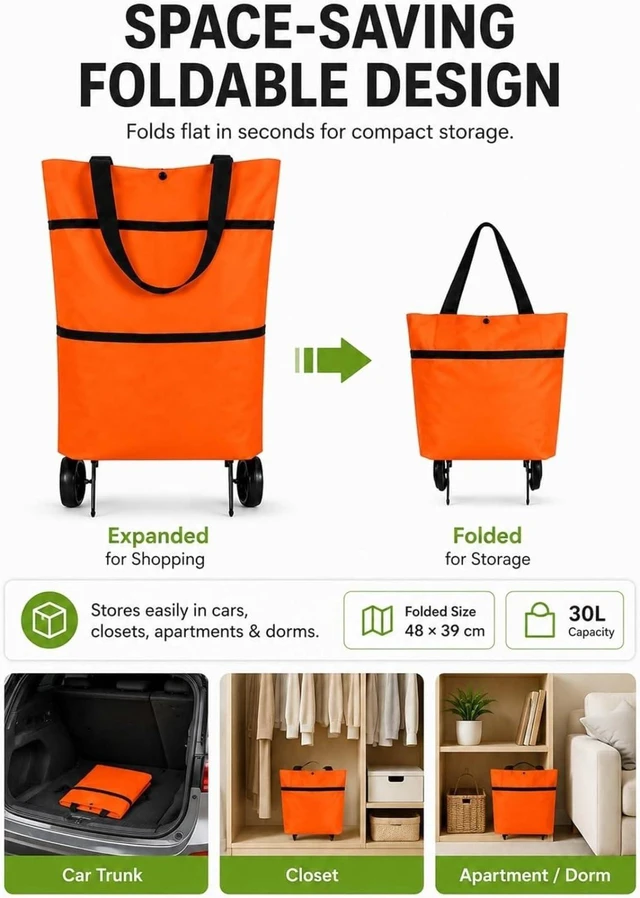 Alt view image 2 of 7 - Foldable Shopping Bag with Wheels, Foldable Shopping Trolley (F) | 2 in 1 Foldable Shopping Cart with Wheels,Trolley Bags for Shopping Cart, for Market, Shopping, Travel & Daily Use,Reusable