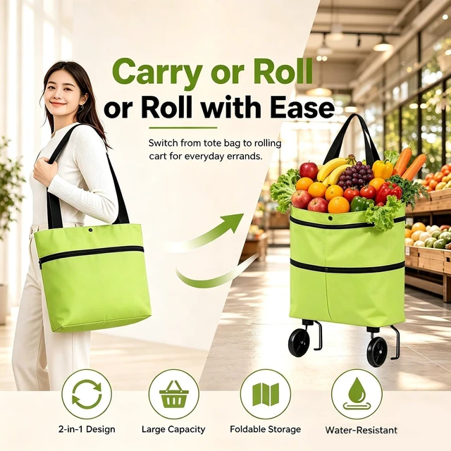 Alt view image 3 of 7 - Foldable Shopping Bag with Wheels, Foldable Shopping Trolley (F) | 2 in 1 Foldable Shopping Cart with Wheels,Trolley Bags for Shopping Cart, for Market, Shopping, Travel & Daily Use,Reusable