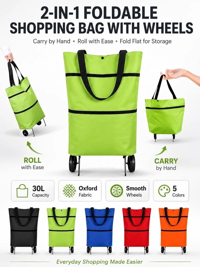 Alt view image 5 of 7 - Foldable Shopping Bag with Wheels, Foldable Shopping Trolley (F) | 2 in 1 Foldable Shopping Cart with Wheels,Trolley Bags for Shopping Cart, for Market, Shopping, Travel & Daily Use,Reusable