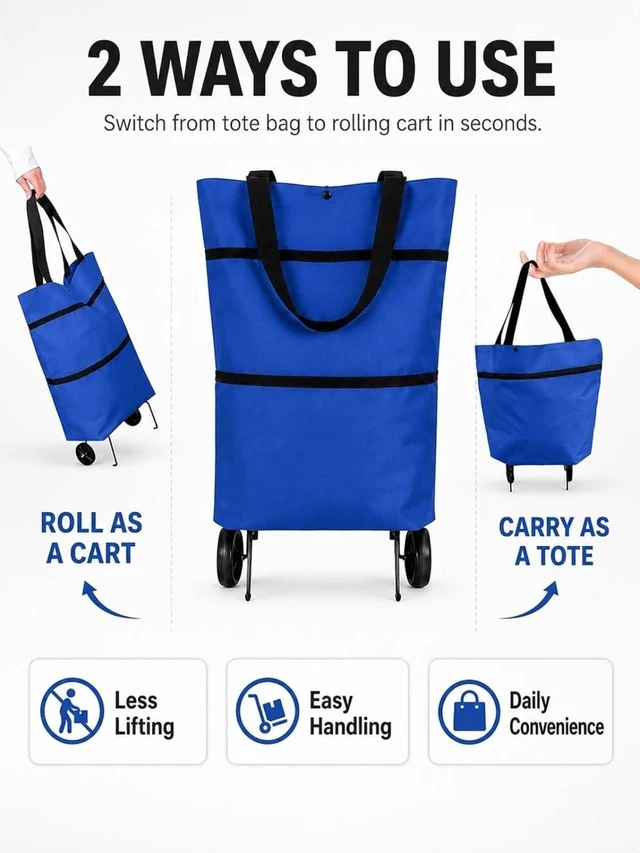 Alt view image 6 of 7 - Foldable Shopping Bag with Wheels, Foldable Shopping Trolley (F) | 2 in 1 Foldable Shopping Cart with Wheels,Trolley Bags for Shopping Cart, for Market, Shopping, Travel & Daily Use,Reusable
