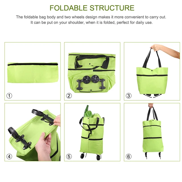 Alt view image 5 of 7 - 2 in 1 Foldable Shopping Cart, 2023 New Foldable Shoppings Bag Carts with Wheels, Portable Rolling Tote Shoppings Bags with Wheels, Waterproof Trolley Collapsible Grocery Shopping Tote Bag Cart