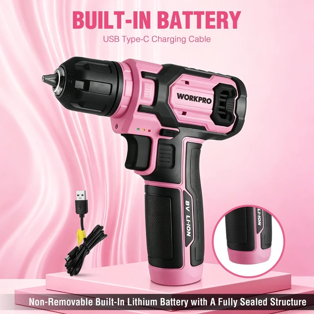 Alt view image 2 of 7 - 8V Pink Cordless Drill Set for Women with Drill Bit Set, 54PCS | Electric Power Drill, 3/8" Keyless Chuck, 2.0Ah Battery, Variable Speed, Portable for DIY