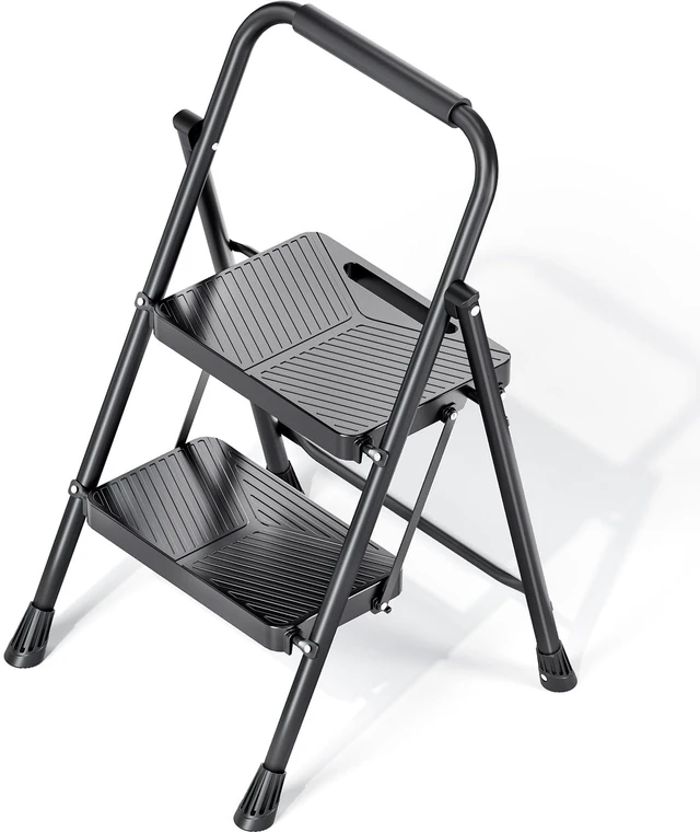 Main image of Folding 2 Step Ladder, Step Stool with Anti-Slip Pedals | Portable Sturdy Steel ladder with Handrail, Safe-Lock Design, Multi-Purpose, Home, Kitchen, Pass 500lbs Load Testing, Black