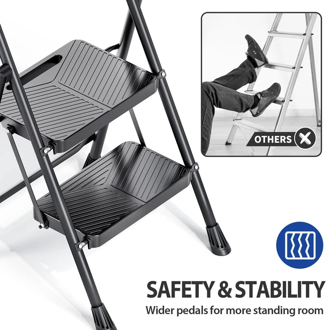Alt view image 4 of 7 - Folding 2 Step Ladder, Step Stool with Anti-Slip Pedals | Portable Sturdy Steel ladder with Handrail, Safe-Lock Design, Multi-Purpose, Home, Kitchen, Pass 500lbs Load Testing, Black
