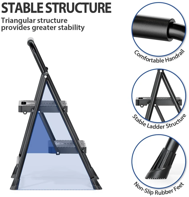 Alt view image 6 of 7 - Folding 2 Step Ladder, Step Stool with Anti-Slip Pedals | Portable Sturdy Steel ladder with Handrail, Safe-Lock Design, Multi-Purpose, Home, Kitchen, Pass 500lbs Load Testing, Black