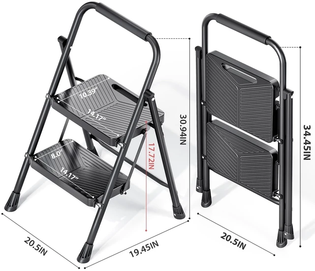 Alt view image 7 of 7 - Folding 2 Step Ladder, Step Stool with Anti-Slip Pedals | Portable Sturdy Steel ladder with Handrail, Safe-Lock Design, Multi-Purpose, Home, Kitchen, Pass 500lbs Load Testing, Black