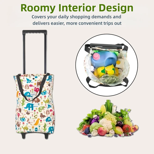 Alt view image 3 of 6 - Portable Wheeled Shopping Trolley Bag, Lightweight Compact Foldable Reusable Grocery Tote for Daily Shopping & Outdoor Trips (Beige)