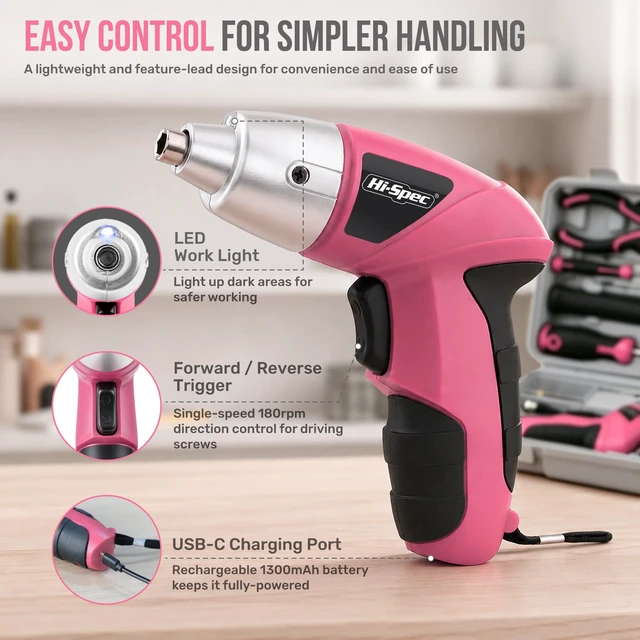 Alt view image 3 of 7 - 4V Electric Ladies Screwdriver Tool Kit Compact Portable Case, Pink | 42pc, everyday fixes made easier, organized portable storage, beginner-friendly selection, apartment and office tasks, tidy
