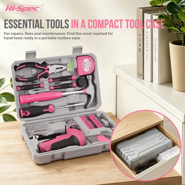 Alt view image 7 of 7 - 4V Electric Ladies Screwdriver Tool Kit Compact Portable Case, Pink | 42pc, everyday fixes made easier, organized portable storage, beginner-friendly selection, apartment and office tasks, tidy