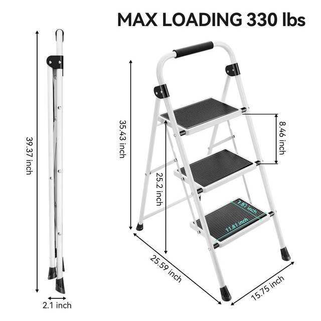 Alt view image 6 of 7 - Step Ladder 3 Step Folding with with Anti-Slip and Wide Pedal,Portable Foldable,Tall Sturdy Step Ladder with Handgrip for Home Kitchen Household,White