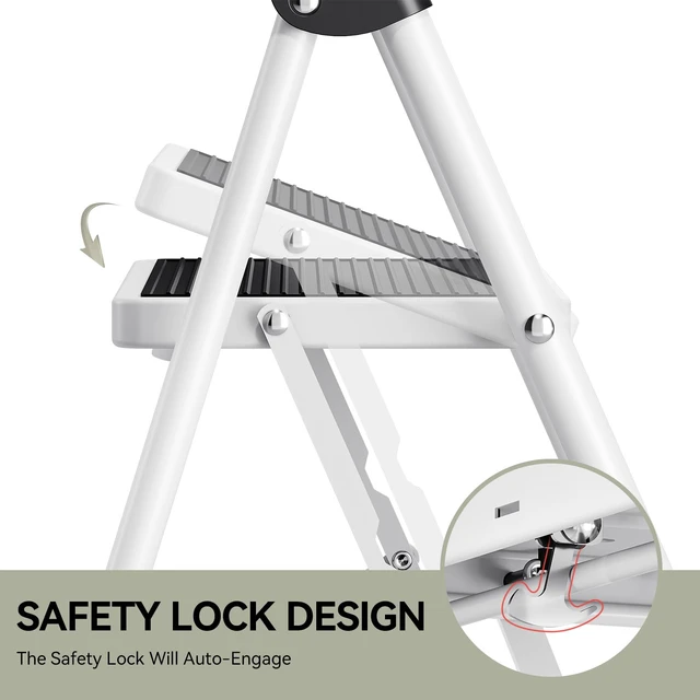 Alt view image 5 of 7 - Step Ladder 3 Step Folding with with Anti-Slip and Wide Pedal,Portable Foldable,Tall Sturdy Step Ladder with Handgrip for Home Kitchen Household,White