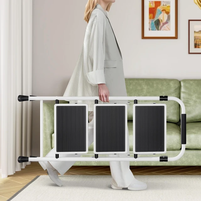 Alt view image 7 of 7 - Step Ladder 3 Step Folding with with Anti-Slip and Wide Pedal,Portable Foldable,Tall Sturdy Step Ladder with Handgrip for Home Kitchen Household,White