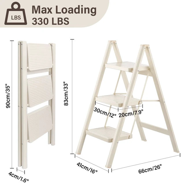 Alt view image 3 of 7 - 3 Step Ladder, Step Stool for Adults, Protable Carbon Steel Folding Stool | with Wide Anti-Slip Wide Pedals, 330lbs Sturdy Steel Ladder for Household and Kitchen