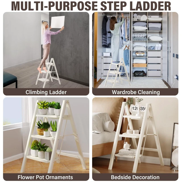 Alt view image 6 of 7 - 3 Step Ladder, Step Stool for Adults, Protable Carbon Steel Folding Stool | with Wide Anti-Slip Wide Pedals, 330lbs Sturdy Steel Ladder for Household and Kitchen