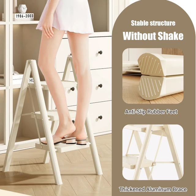 Alt view image 7 of 7 - 3 Step Ladder, Step Stool for Adults, Protable Carbon Steel Folding Stool | with Wide Anti-Slip Wide Pedals, 330lbs Sturdy Steel Ladder for Household and Kitchen