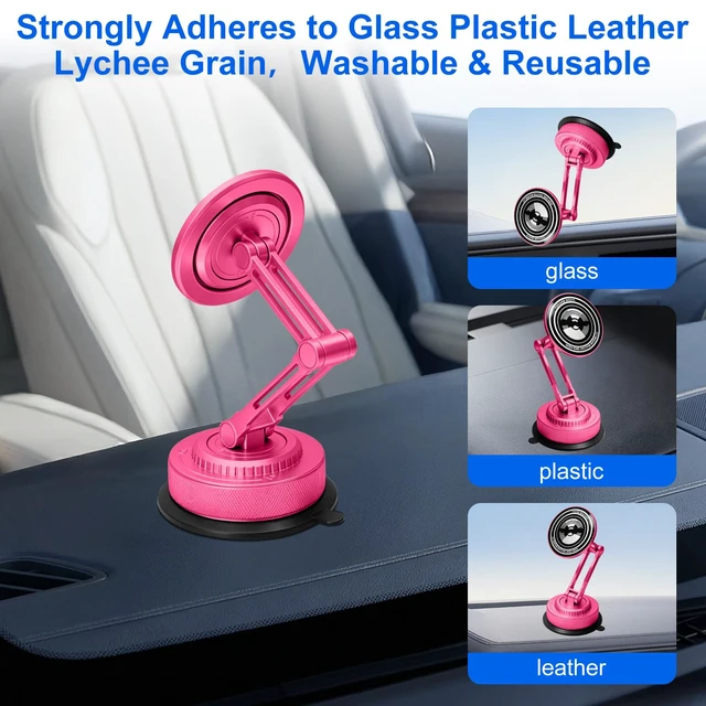 Alt view image 7 of 7 - All-Metal Alloy Long Arm Magnetic Suction Cup Car Phone Mount(Pink) | Strong Powerful Magnetic Heavy-Duty Windshield Dash 360° Mechanical Rotation Cell Mobile Phone Vehicle Bracket for All Cars
