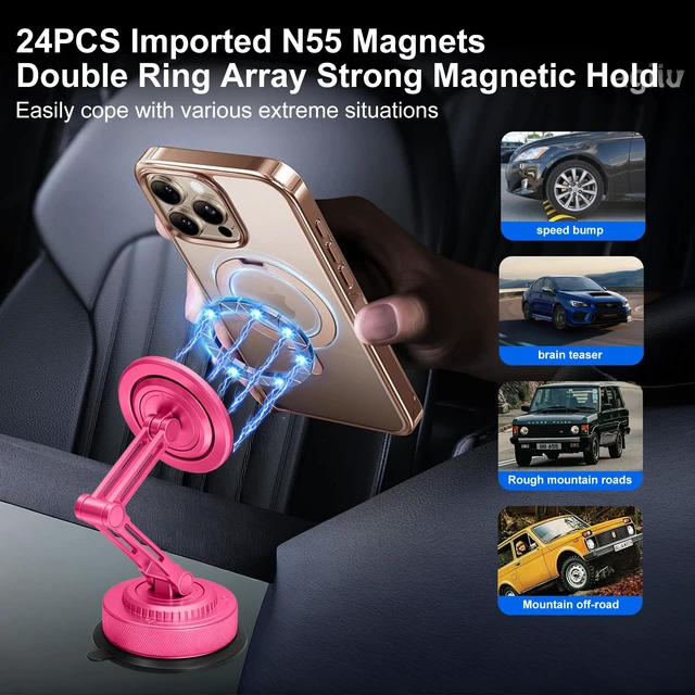 Alt view image 4 of 7 - All-Metal Alloy Long Arm Magnetic Suction Cup Car Phone Mount(Pink) | Strong Powerful Magnetic Heavy-Duty Windshield Dash 360° Mechanical Rotation Cell Mobile Phone Vehicle Bracket for All Cars