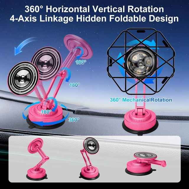 Alt view image 5 of 7 - All-Metal Alloy Long Arm Magnetic Suction Cup Car Phone Mount(Pink) | Strong Powerful Magnetic Heavy-Duty Windshield Dash 360° Mechanical Rotation Cell Mobile Phone Vehicle Bracket for All Cars