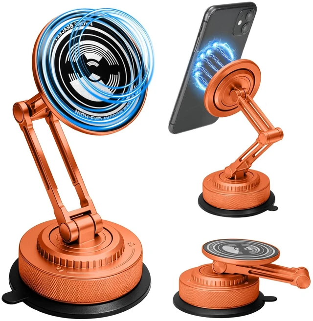 Main image of All-Metal Alloy Long Arm Magnetic Suction Cup Car Phone Mount(Orange) | Strong Powerful Magnetic Heavy-Duty Windshield Dash 360° Mechanical Rotation Cell Mobile Phone Vehicle Bracket for All Cars