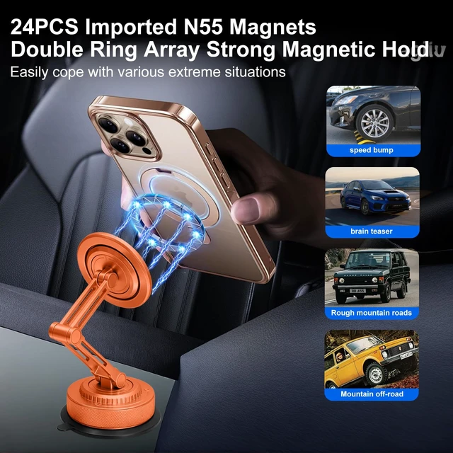 Alt view image 4 of 7 - All-Metal Alloy Long Arm Magnetic Suction Cup Car Phone Mount(Orange) | Strong Powerful Magnetic Heavy-Duty Windshield Dash 360° Mechanical Rotation Cell Mobile Phone Vehicle Bracket for All Cars