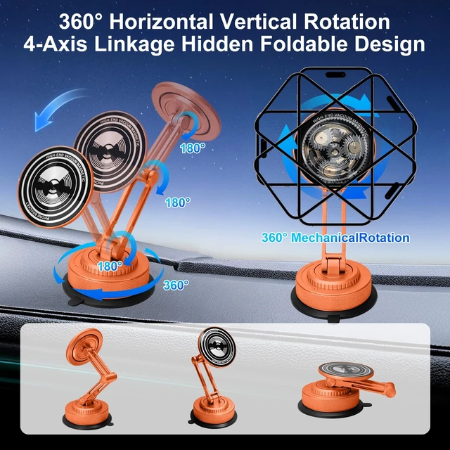 Alt view image 5 of 7 - All-Metal Alloy Long Arm Magnetic Suction Cup Car Phone Mount(Orange) | Strong Powerful Magnetic Heavy-Duty Windshield Dash 360° Mechanical Rotation Cell Mobile Phone Vehicle Bracket for All Cars