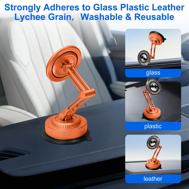 Alt view image 7 of 7 - All-Metal Alloy Long Arm Magnetic Suction Cup Car Phone Mount(Orange) | Strong Powerful Magnetic Heavy-Duty Windshield Dash 360° Mechanical Rotation Cell Mobile Phone Vehicle Bracket for All Cars