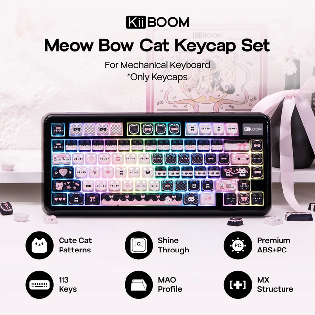 Alt view image 2 of 7 - Cute Cat Keycaps Set, Mao Profile, Cat Shape | PC+ABS Keycap for MX Switch Mechanical Keyboard, Compatible with 60%, 65%, 75%, TKL, 96%, Full-Sized Layout (Meow Bow)