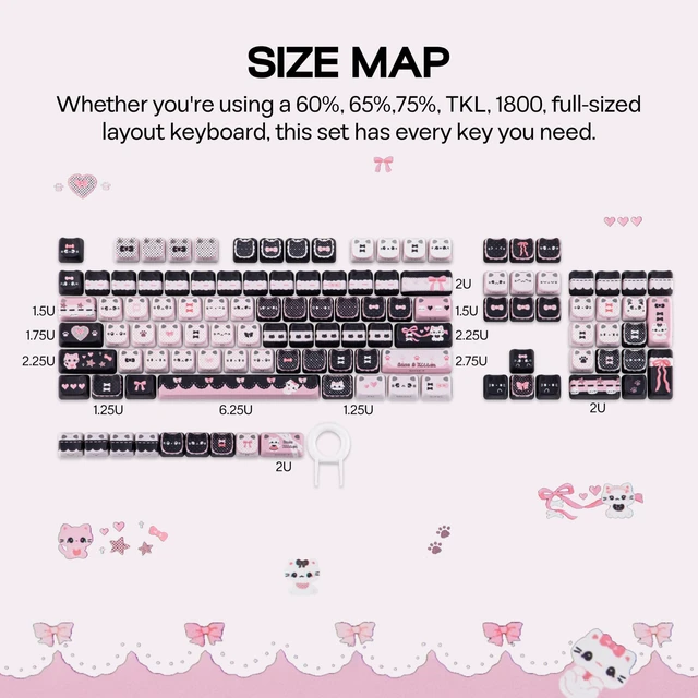 Alt view image 5 of 7 - Cute Cat Keycaps Set, Mao Profile, Cat Shape | PC+ABS Keycap for MX Switch Mechanical Keyboard, Compatible with 60%, 65%, 75%, TKL, 96%, Full-Sized Layout (Meow Bow)
