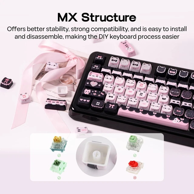 Alt view image 4 of 7 - Cute Cat Keycaps Set, Mao Profile, Cat Shape | PC+ABS Keycap for MX Switch Mechanical Keyboard, Compatible with 60%, 65%, 75%, TKL, 96%, Full-Sized Layout (Meow Bow)