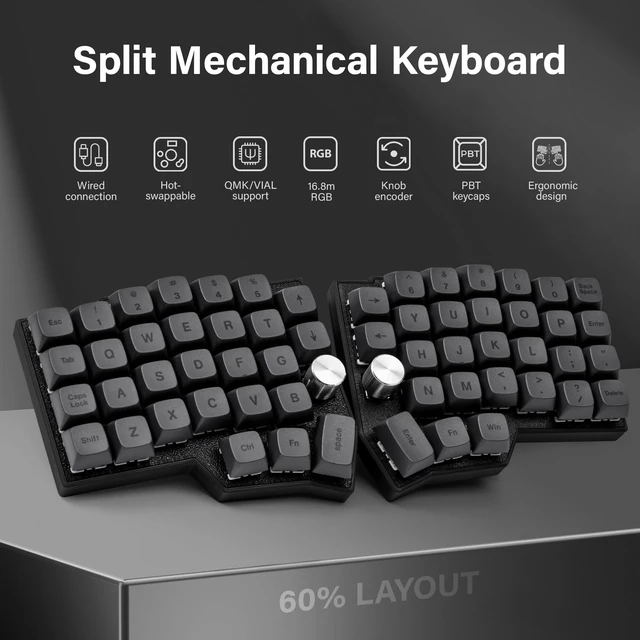 Alt view image 2 of 7 - Borne 4x6 Split Mechanical Keyboard, Extended Corne Layout Ergonomic Keyboard, QMK/Vial Programmable, Hot Swappable RGB with Dual Rotary Encoders, Ready-to-Use Custom Keyboard for Coding