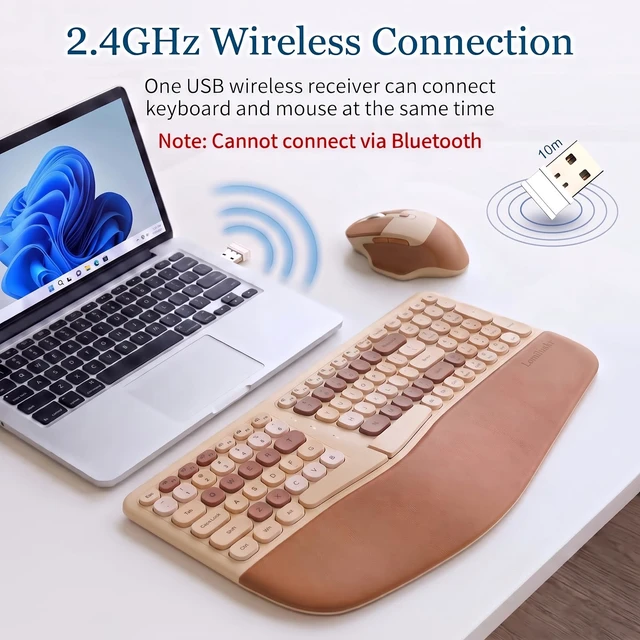 Alt view image 3 of 7 - Wireless Ergonomic Keyboard and Mouse Combo with PU Wrist Rest, Carpal Tunnel Keyboard, 2.4G Colorful Split Ergo Keyboard, Comfortable Natural Typing, Compatible with PC/Laptop (Milk Tea)