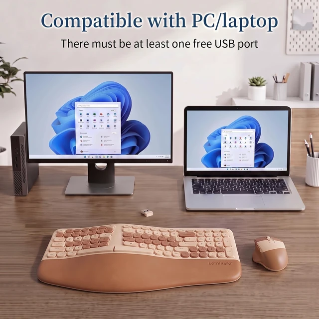 Alt view image 5 of 7 - Wireless Ergonomic Keyboard and Mouse Combo with PU Wrist Rest, Carpal Tunnel Keyboard, 2.4G Colorful Split Ergo Keyboard, Comfortable Natural Typing, Compatible with PC/Laptop (Milk Tea)