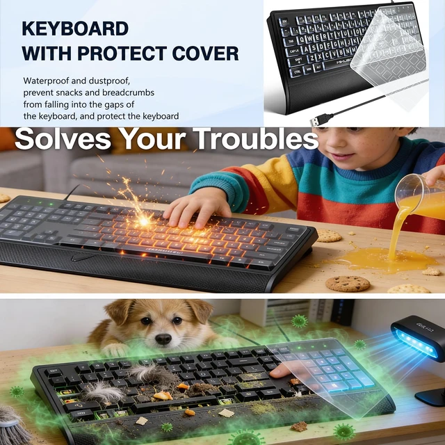 Alt view image 5 of 7 - Large Print Backlit Keyboard, Wired USB for Seniors & Low Vision | 4X larger high contrast letter, white LED backlight, ergonomic wrist rest, dustproof cover, for elder & visually impaired