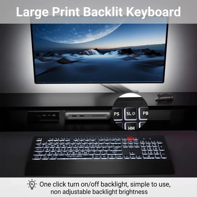 Alt view image 6 of 7 - Large Print Backlit Keyboard, Wired USB for Seniors & Low Vision | 4X larger high contrast letter, white LED backlight, ergonomic wrist rest, dustproof cover, for elder & visually impaired