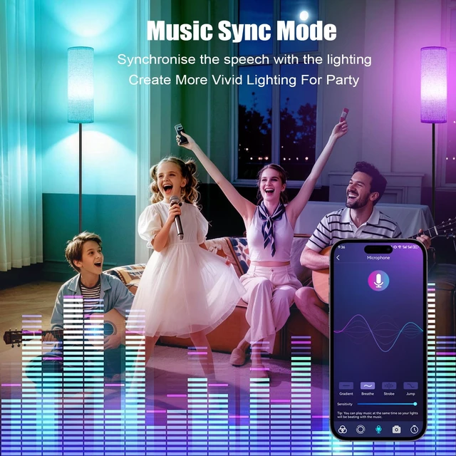 Alt view image 3 of 7 - Floor Lamps for Living Room - Standing Lights with Remote and App | with Music Sync Function - Colors Changing And Dimmable Corner Tall Lamp - For Bedroom Reading Office Classroom