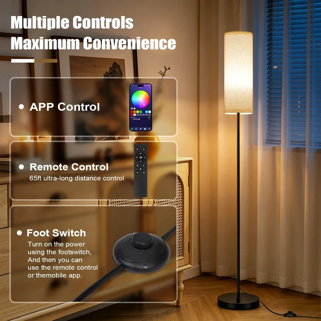 Alt view image 6 of 7 - Floor Lamps for Living Room - Standing Lights with Remote and App | with Music Sync Function - Colors Changing And Dimmable Corner Tall Lamp - For Bedroom Reading Office Classroom