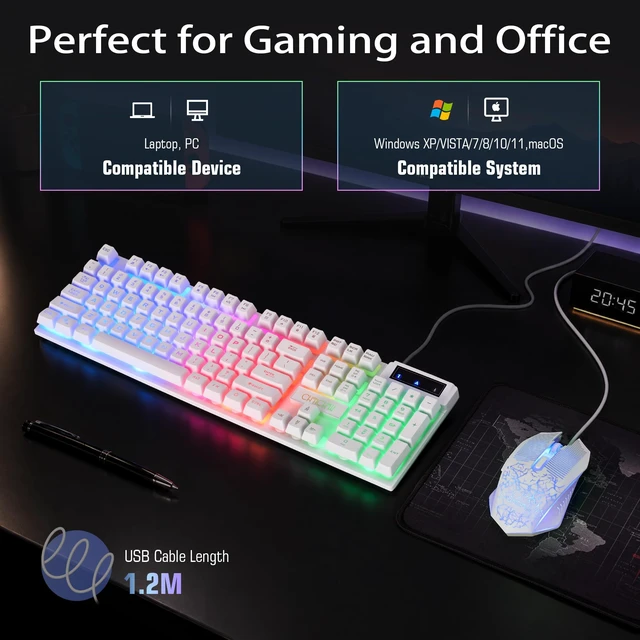 Alt view image 6 of 6 - 1910 White Gaming Keyboard and Mouse LED Backlit 104Keys Full Size | Wired Keyboard Mechanical Feeling Illuminated key Anti-Ghosting, Compatible with PC, Mac, PS4/5, Xbox